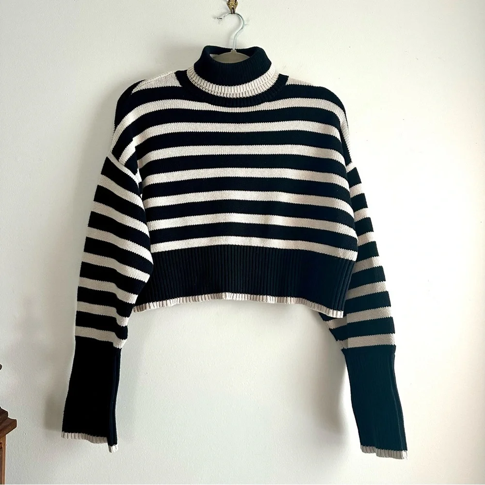 Denimist Cropped Sailor Stripe Turtleneck Sweater in Black/Tan - Picture 1 of 11